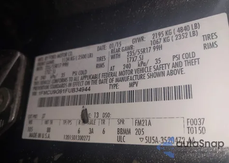 2015 Ford Escape Se из США, поврежденный, VIN 1FMCU9G91FUB34944